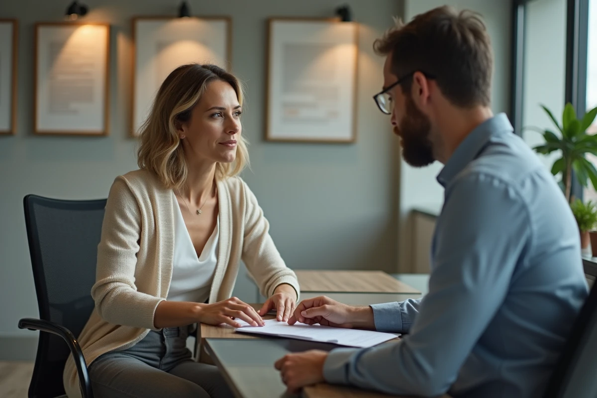 Femme en discussion avec un conseiller dans un bureau professionnel