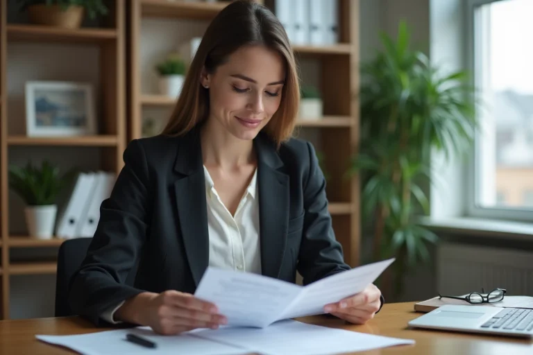 Femme en blazer examine documents de logement