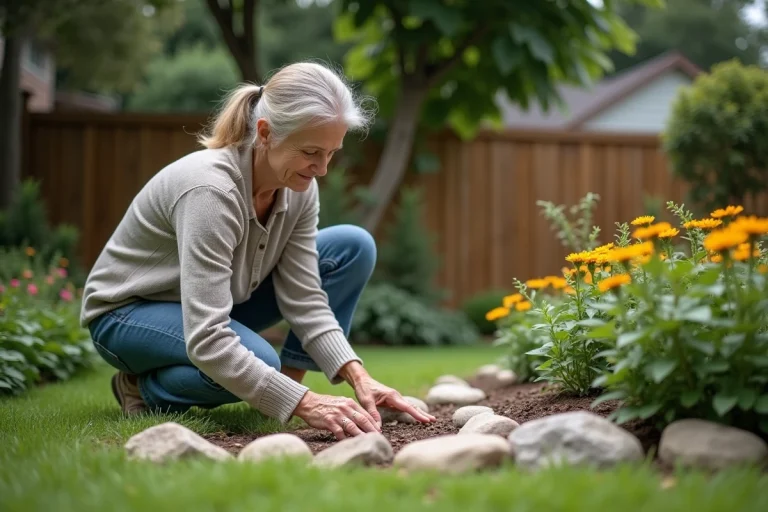 Femme dans le jardin arrangeant des pierres pour la bordure