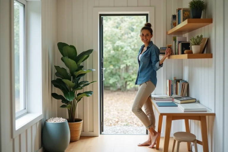Femme souriante dans un atelier minimaliste lumineux