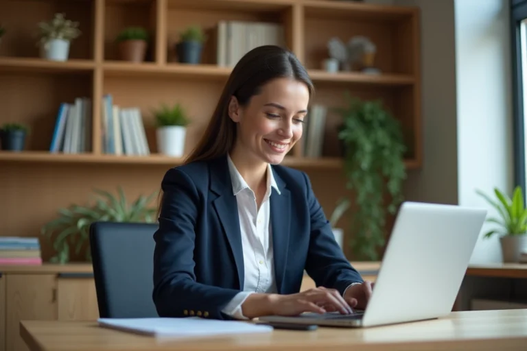 Femme professionnelle travaillant sur son ordinateur portable pour optimiser sa présence en ligne dans un bureau moderne