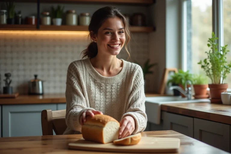 Femme souriante coupe du pain maison dans une cuisine chaleureuse