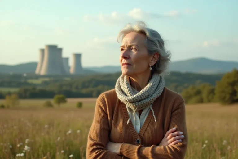Femme préoccupée devant une centrale nucléaire en arrière-plan