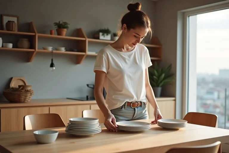 Jeune femme posant des assiettes en céramique dans un appartement moderne