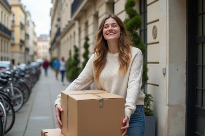 Jeune femme plie des cartons devant un immeuble nantais