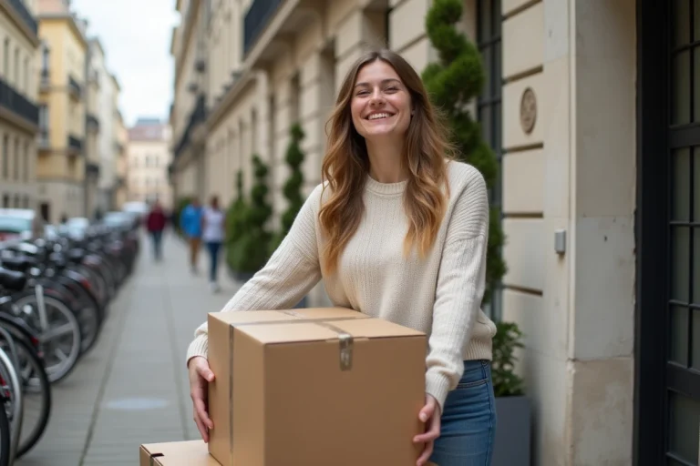 Jeune femme plie des cartons devant un immeuble nantais