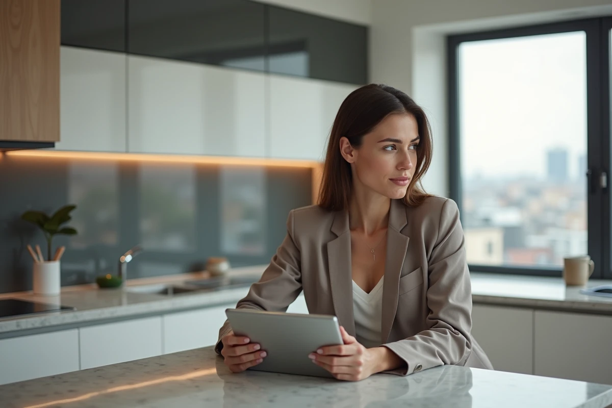 Jeune femme professionnelle dans cuisine moderne Île de France