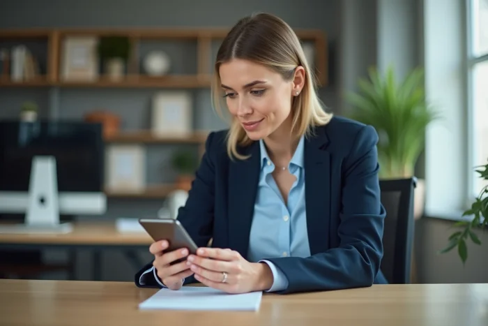 Femme d'affaires en bureau moderne utilisant son smartphone