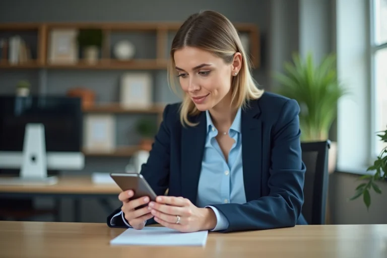 Femme d'affaires en bureau moderne utilisant son smartphone