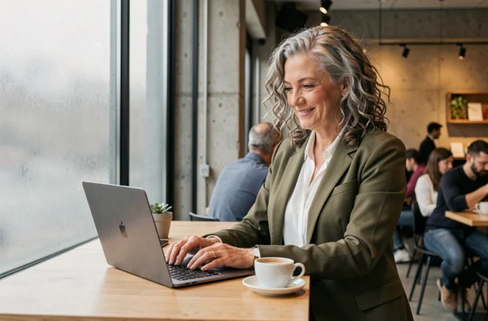 Femme d'âge mûr utilisant un ordinateur portable dans un café pour trouver un emploi adapté à son profil