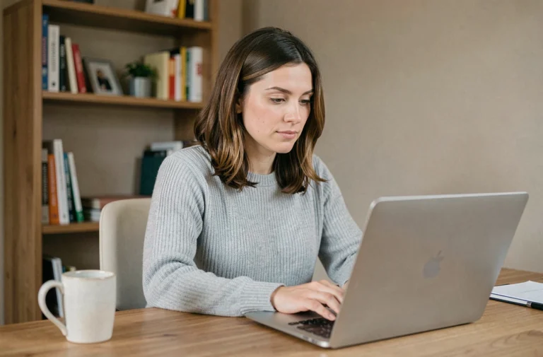Femme consultant son profil professionnel en ligne sur un ordinateur portable dans un bureau à domicile moderne