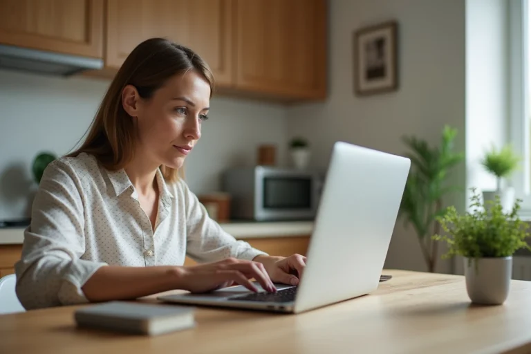 Femme d'âge moyen utilisant un ordinateur portable dans une cuisine lumineuse