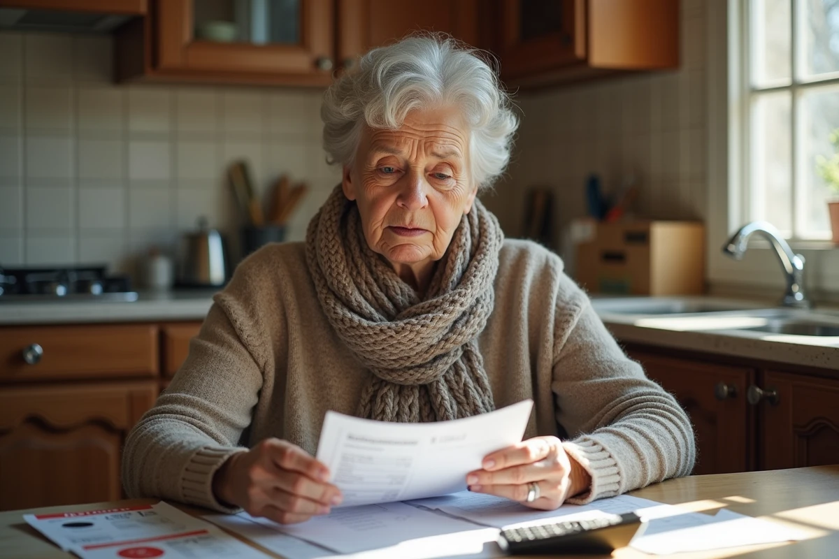Femme retraitée lisant une facture de fioul dans sa cuisine