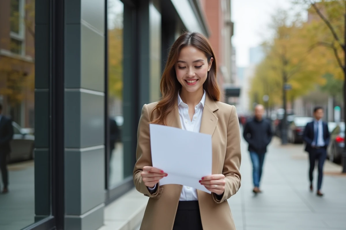 Jeune femme en ville examinant son CV avec un sourire