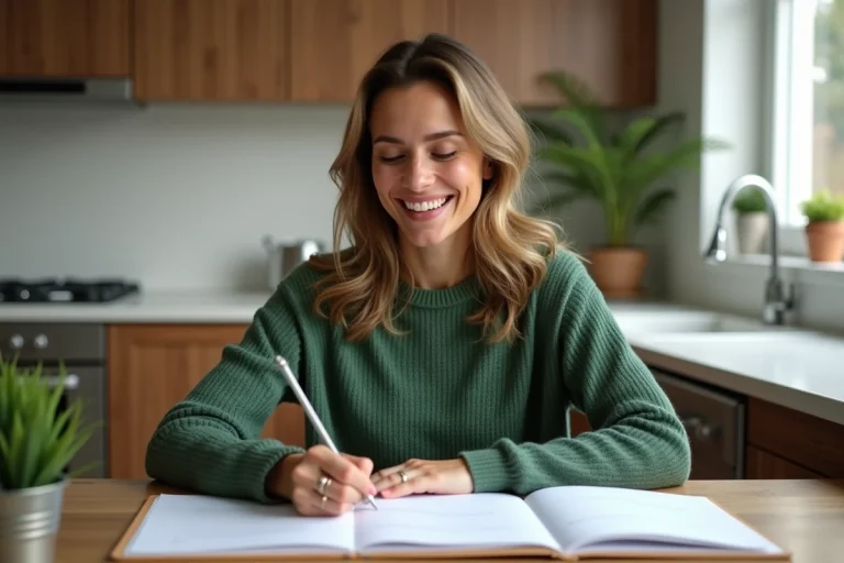 Femme souriante en vert lisant ses journaux de repas
