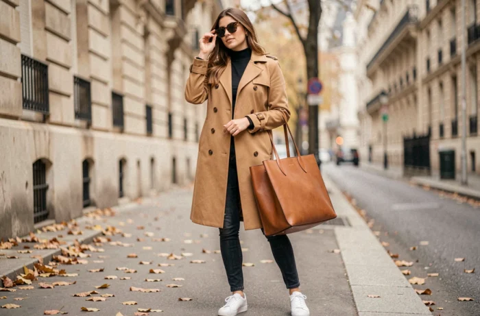 Femme parisienne portant un trench coat camel et des accessoires tendance automne en ville