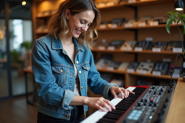 Femme souriante examine un synthétiseur dans un magasin de musique