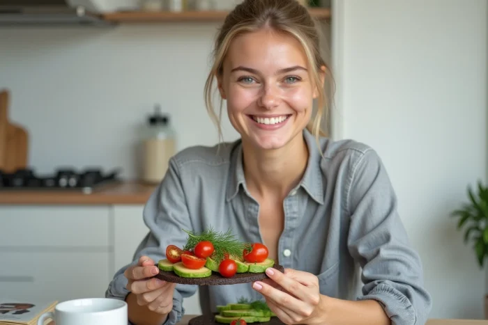 Femme tenant une tartine de pain nordique croustillant garnie d'avocat et de tomates dans une cuisine minimaliste scandinave