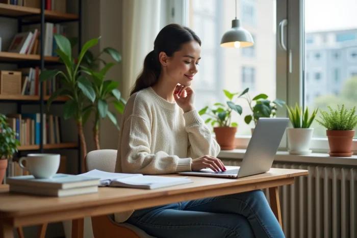 Jeune femme travaillant à domicile sur son ordinateur