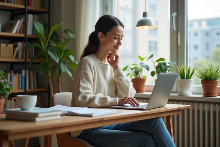 Jeune femme travaillant à domicile sur son ordinateur