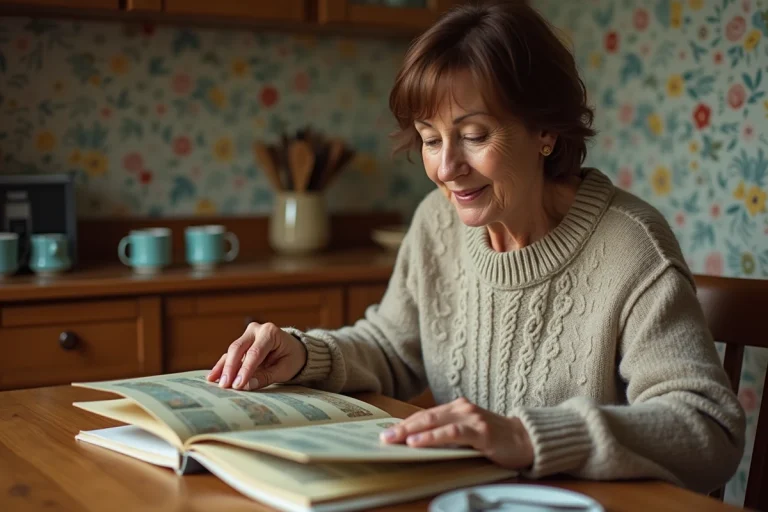 Femme d'âge moyen feuilletant un catalogue vintage dans une cuisine chaleureuse