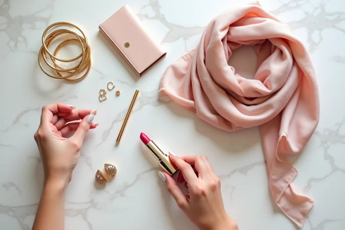 Mise à plat éditoriale d'accessoires féminins sur marbre blanc, incluant un foulard en soie, des bracelets dorés, une pochette et un rouge à lèvres rouge