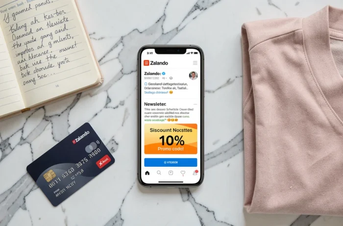 Flat lay d'un smartphone affichant un email de newsletter Zalando avec un code promo de 10% de réduction