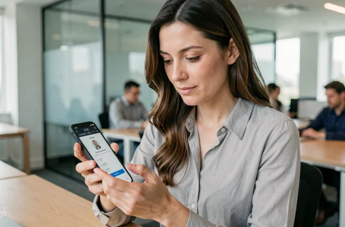 Femme cherchant le formulaire de contact Longdrivers depuis son smartphone au bureau