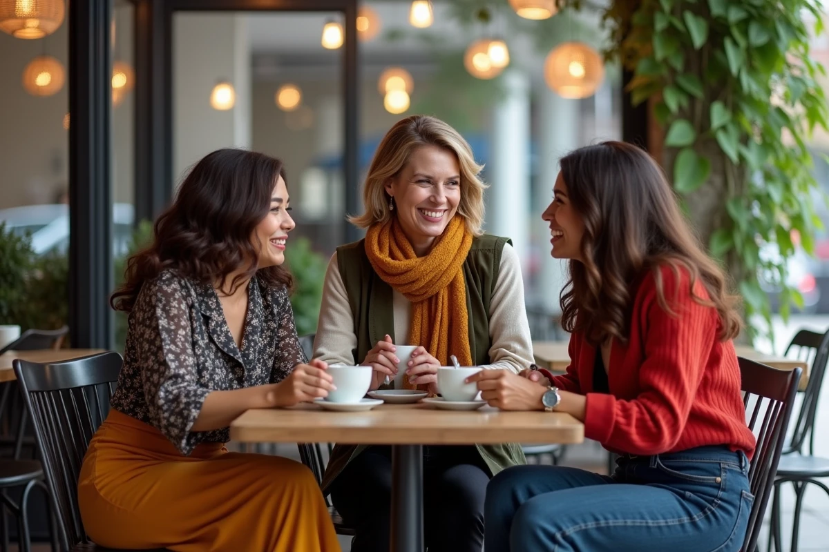 Trois femmes souriantes dans un café urbain animé