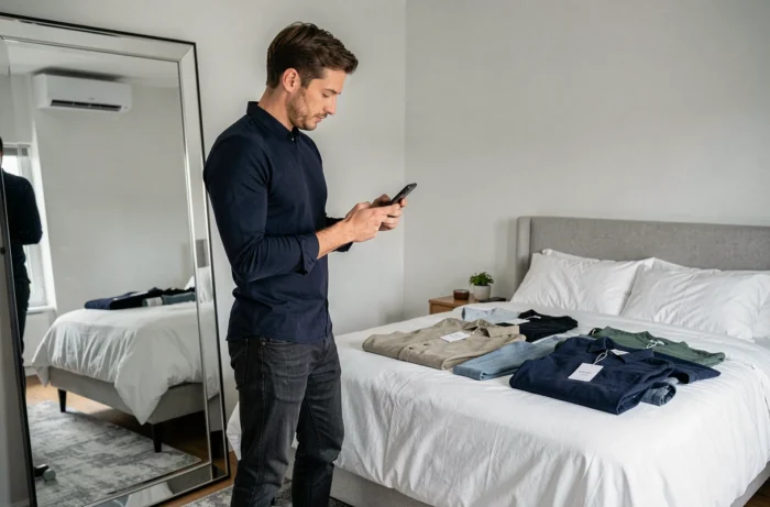 Homme parcourant une application de mode sur smartphone avec des vêtements neufs achetés grâce à un code promo Zalando