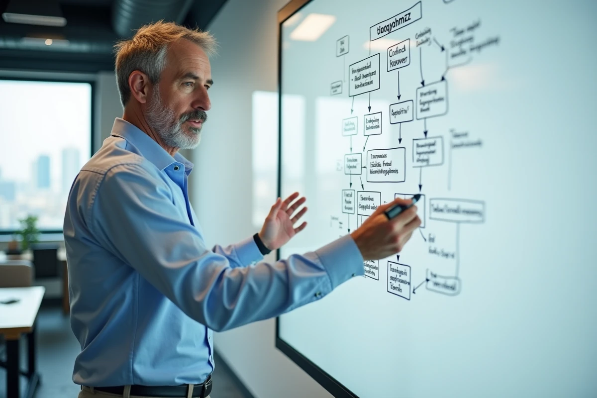 Homme analysant un diagramme sur un tableau blanc