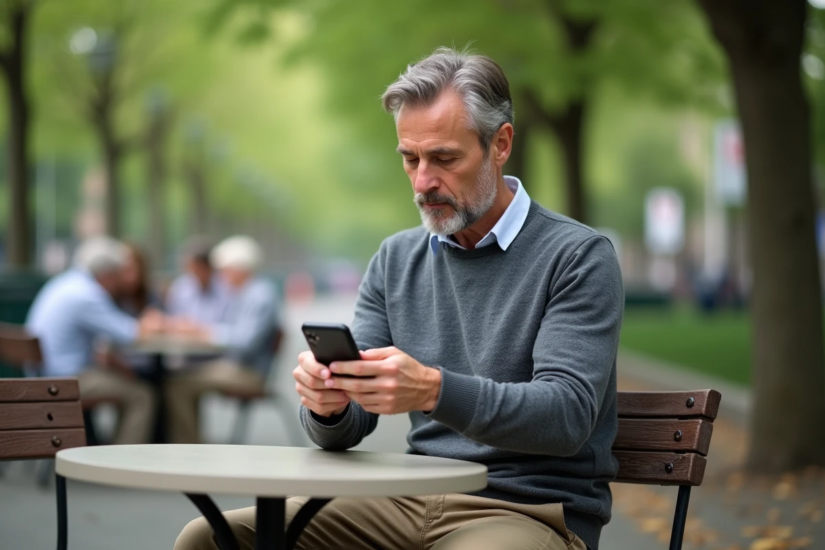 Homme assis au cafe réparant son smartphone