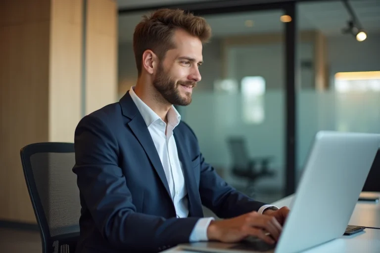 Homme d'affaires en costume bleu travaillant sur son ordinateur