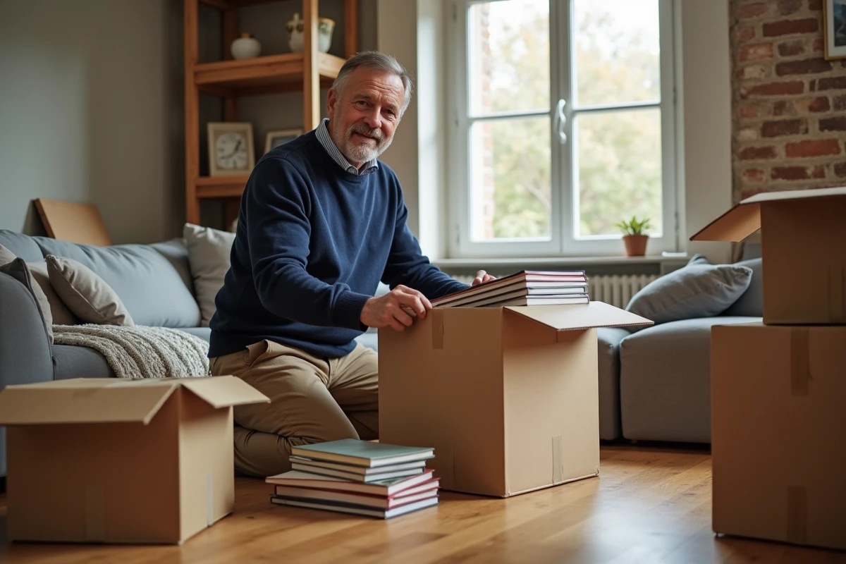 Homme déballant des cartons dans un appartement lumineux
