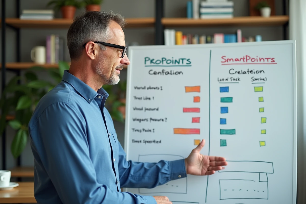 Homme en chemise bleue expliquant des graphiques de points