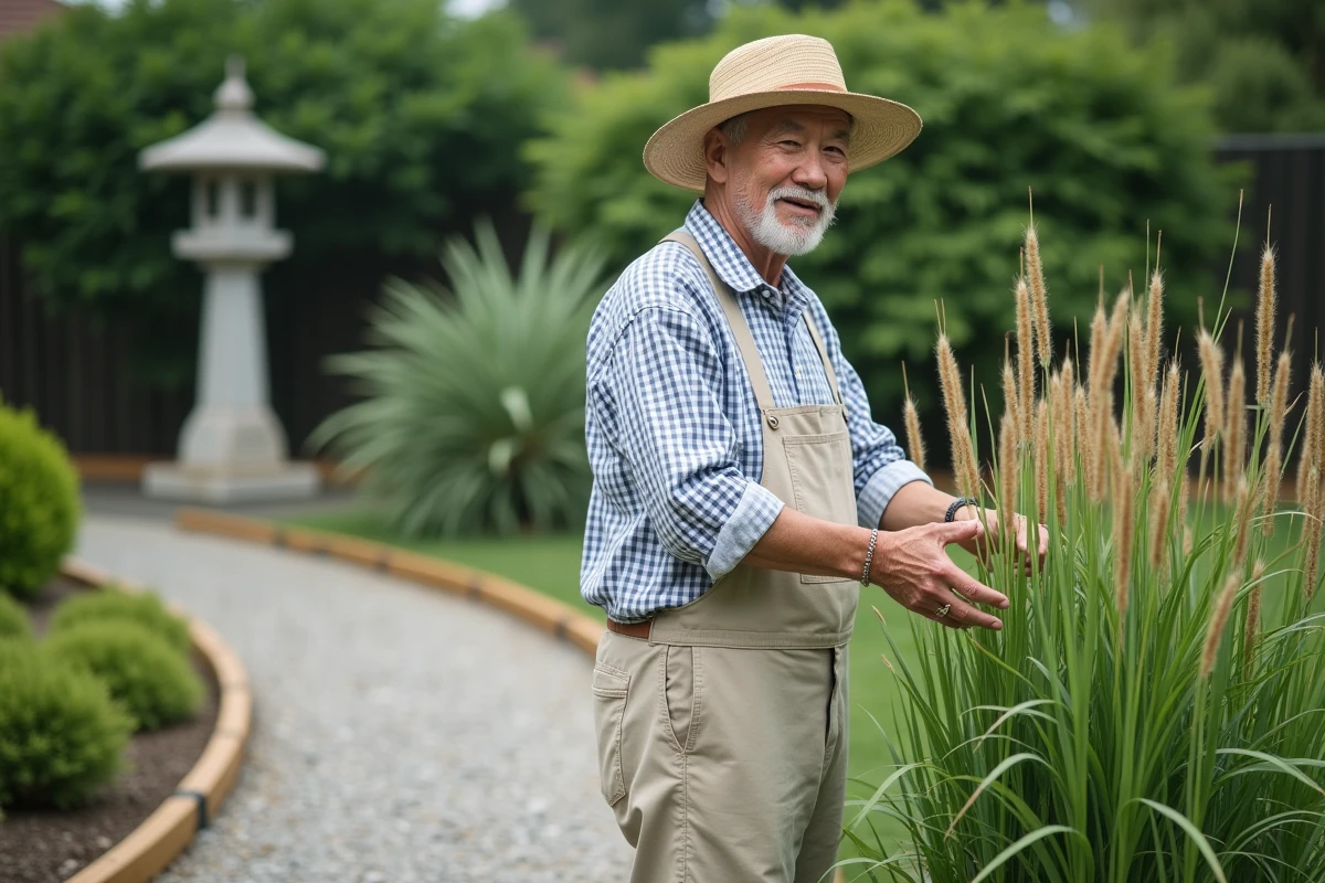 Homme âgé examinant des fougères japonaises taillées
