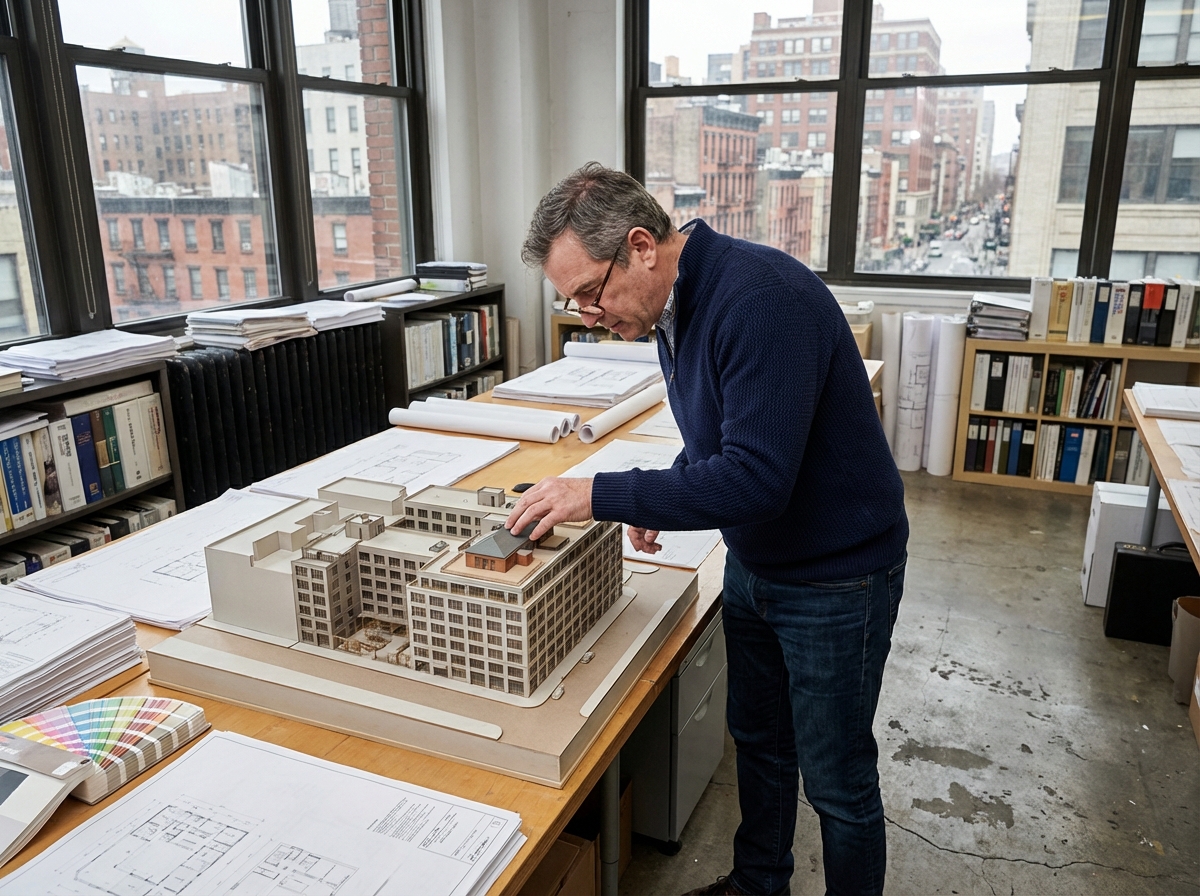 Homme examinant un modele d interieur dans un studio architectural