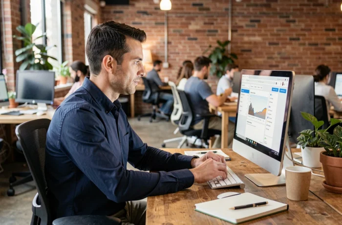 Homme parcourant des offres d'emploi en ligne sur un ordinateur dans un espace de coworking moderne