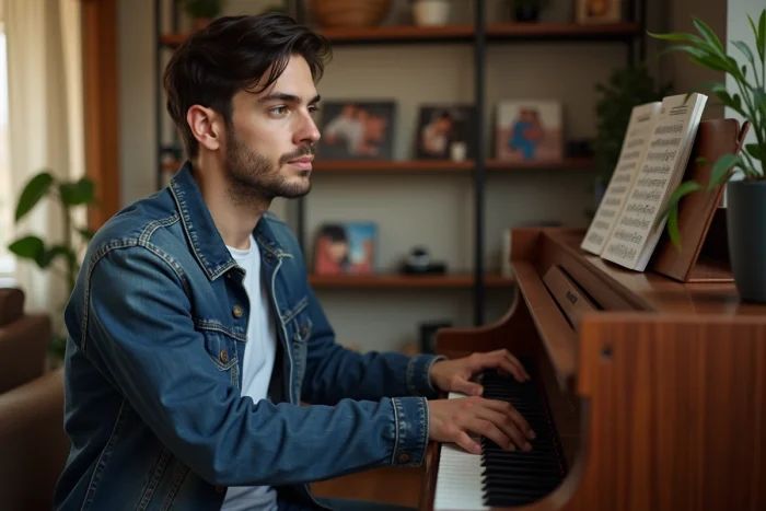 Homme assis au piano dans un salon chaleureux