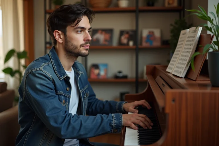 Homme assis au piano dans un salon chaleureux