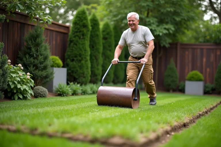 Homme d'âge moyen poussant un rouleau de jardin sur une pelouse fraîchement semée