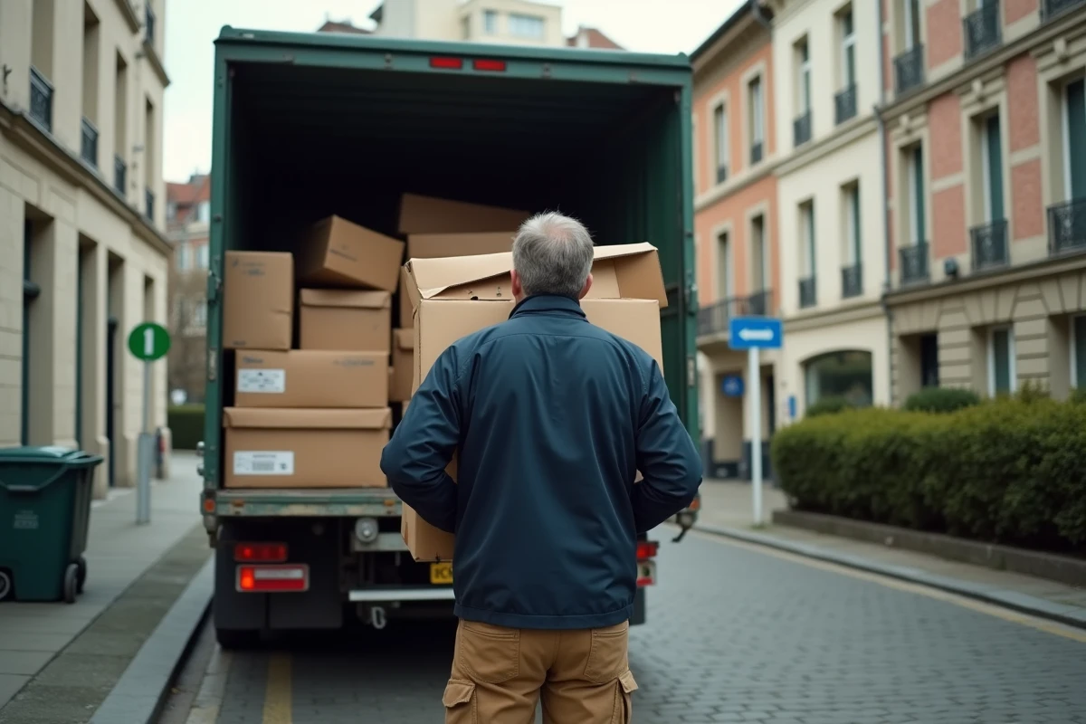 Homme chargeant des cartons dans un camion de recyclage à Nantes