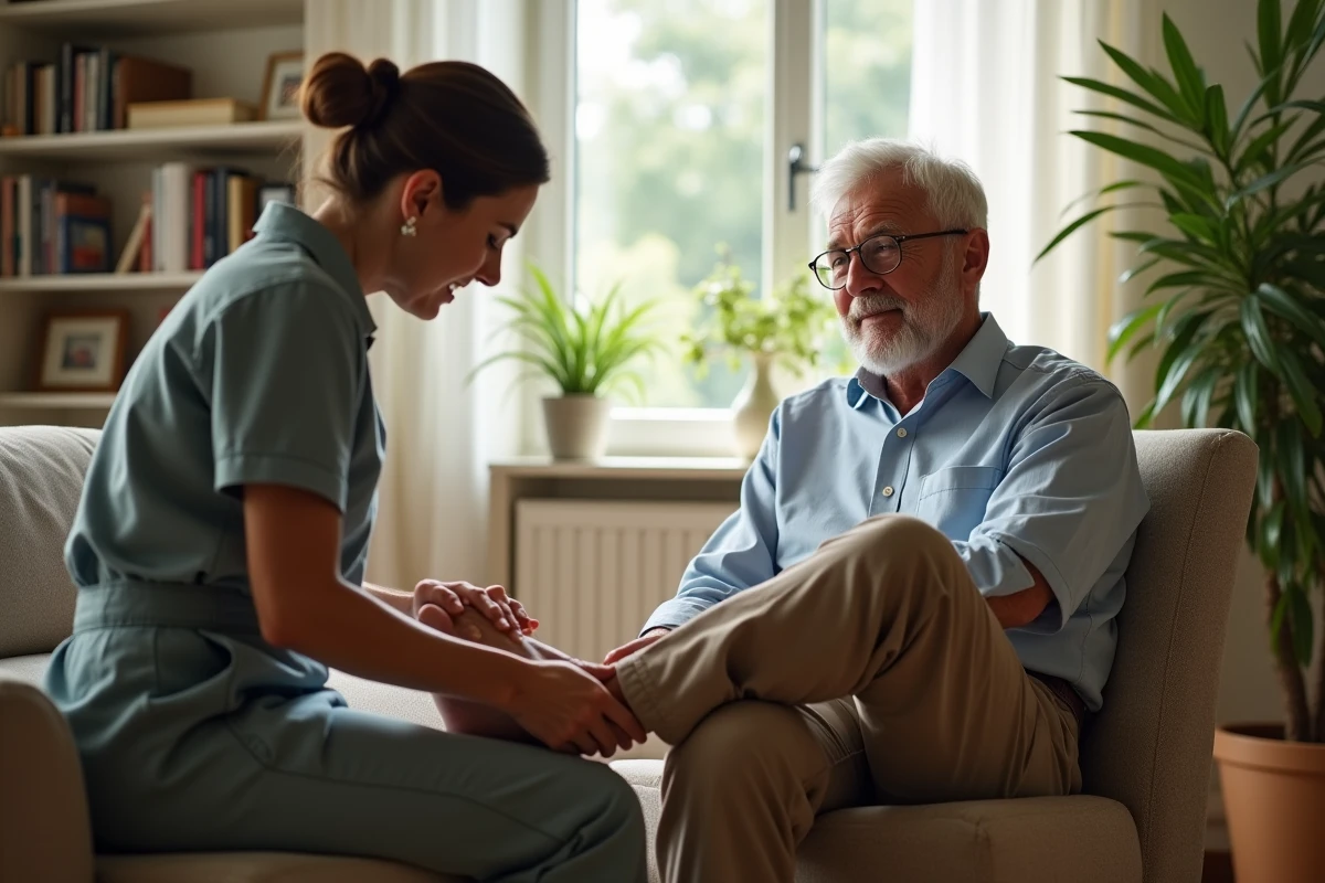 Homme assis dans son salon recevant une séance de réflexologie