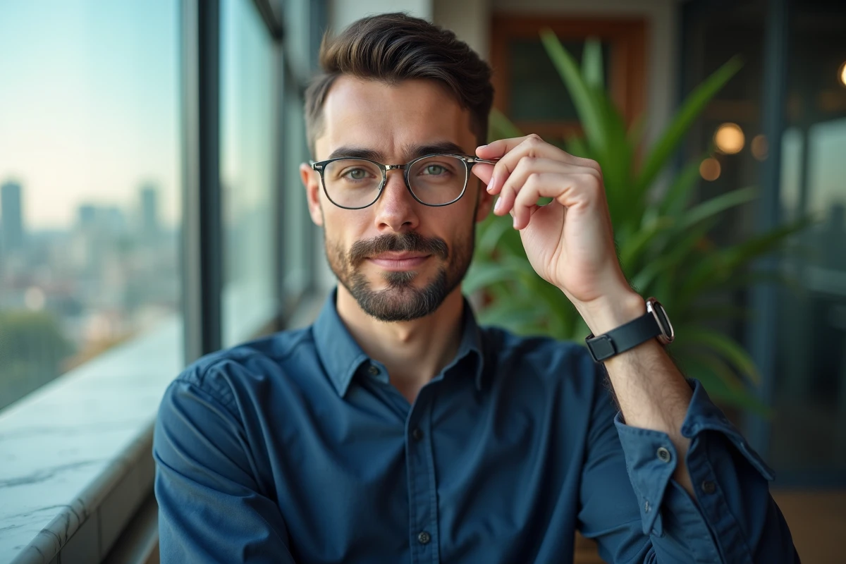 Homme confiant se groomant près d une fenêtre de bureau