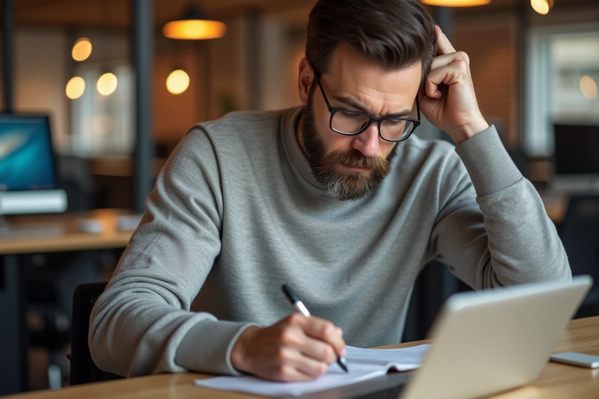 Homme prenant des notes sur des stratégies SEO au bureau