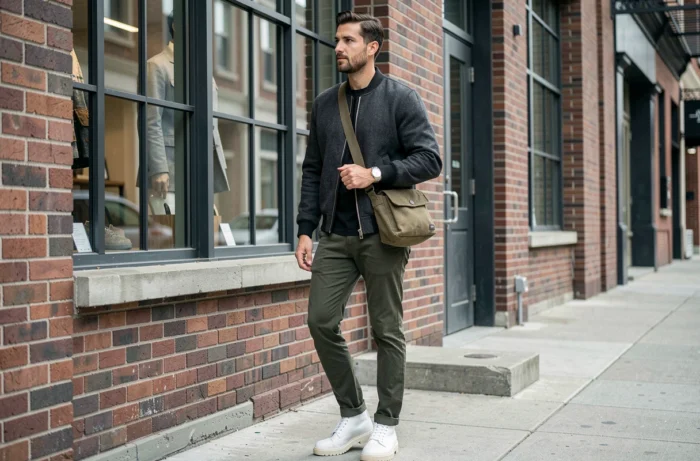 Homme en style urbain moderne avec montre minimaliste et sac crossbody tendance dans une rue contemporaine