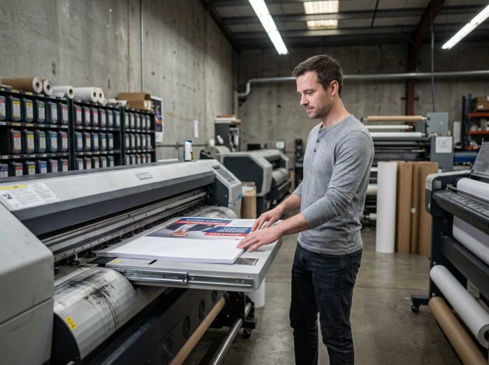 Imprimeur chargeant des affiches électorales grand format dans une machine d'impression professionnelle
