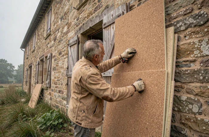 Artisan posant des panneaux isolants en liège naturel sur la façade en pierre d'une maison ancienne lors d'une rénovation écologique