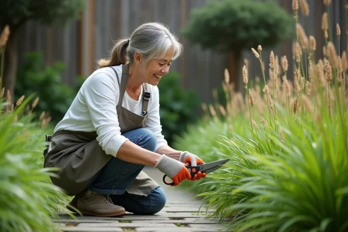 Femme taillant des fougères japonaises dans un jardin