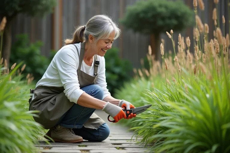 Femme taillant des fougères japonaises dans un jardin